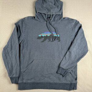 Patagonia Hoodie Mens Medium Blue Organic Cotton Sweatshirt Fitz Roy Bear Logo M